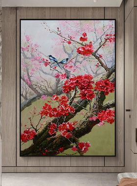 喜上枝头纯手绘油画新中式花鸟图客厅装饰画杜鹃玄关过道竖版挂画