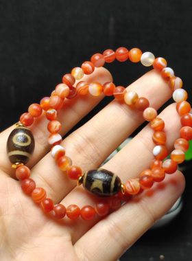 天然缠丝玛瑙单圈搭配天珠天珠日月星桶珠玛瑙女款手链