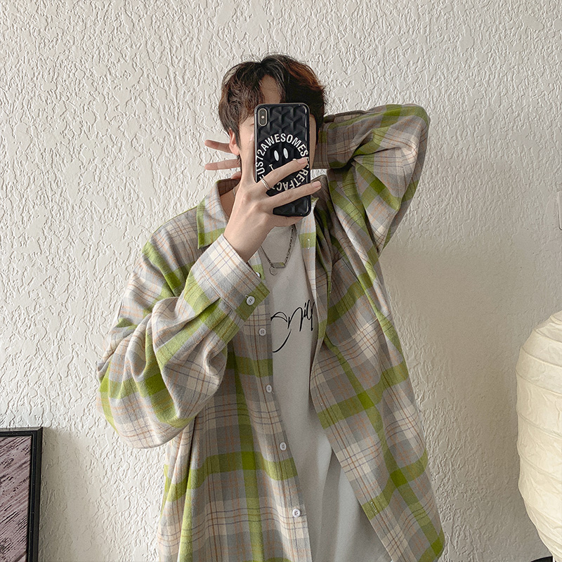 格子衬衫男长袖潮牌潮流日系宽松港风上衣服百搭韩版复古休闲衬衣,淘宝优惠券,粉丝福利购,淘宝优惠卷