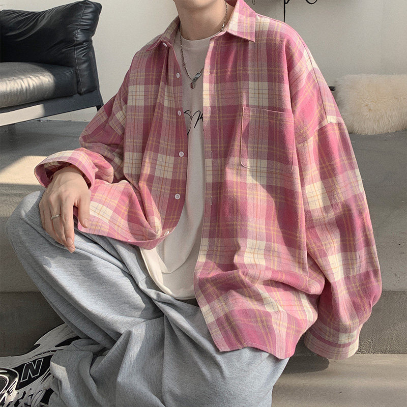 格子衬衫男长袖潮牌潮流日系宽松港风上衣服百搭韩版复古休闲衬衣,淘宝优惠券,粉丝福利购,淘宝优惠卷