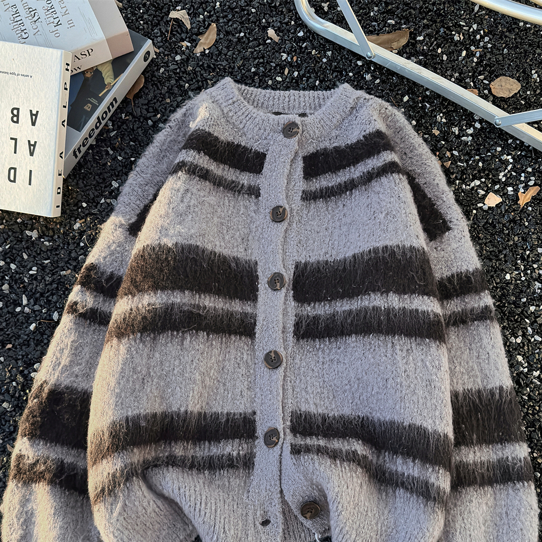 秋冬季美式复古软糯撞色条纹开衫毛衣男情侣松弛感宽松针织衫外套 - 图3