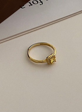 S925纯银黄水晶黄钻戒指女轻奢超闪小方糖麻花食指戒送闺蜜纪念戒