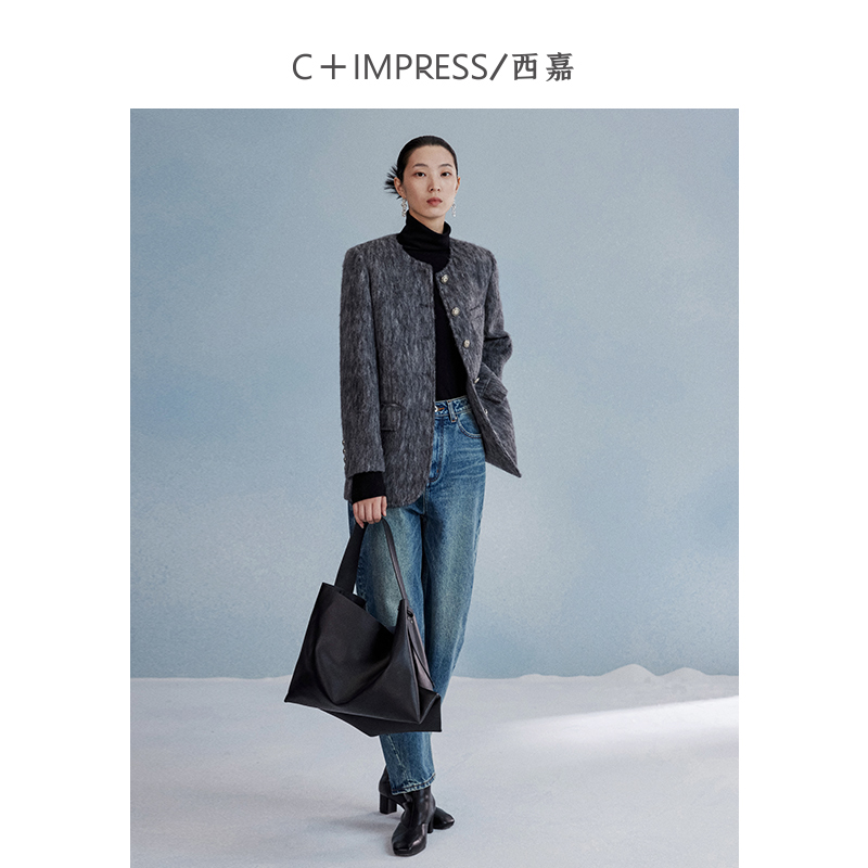 C+IMPRESS/西嘉高级灰毛呢西装外套女廓形水波纹羊毛短款2023冬季