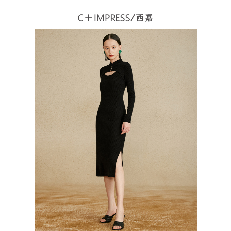 C+IMPRESS/西嘉美丽诺全羊毛 立领镂空设计感修身国风连衣裙女秋 - 图2