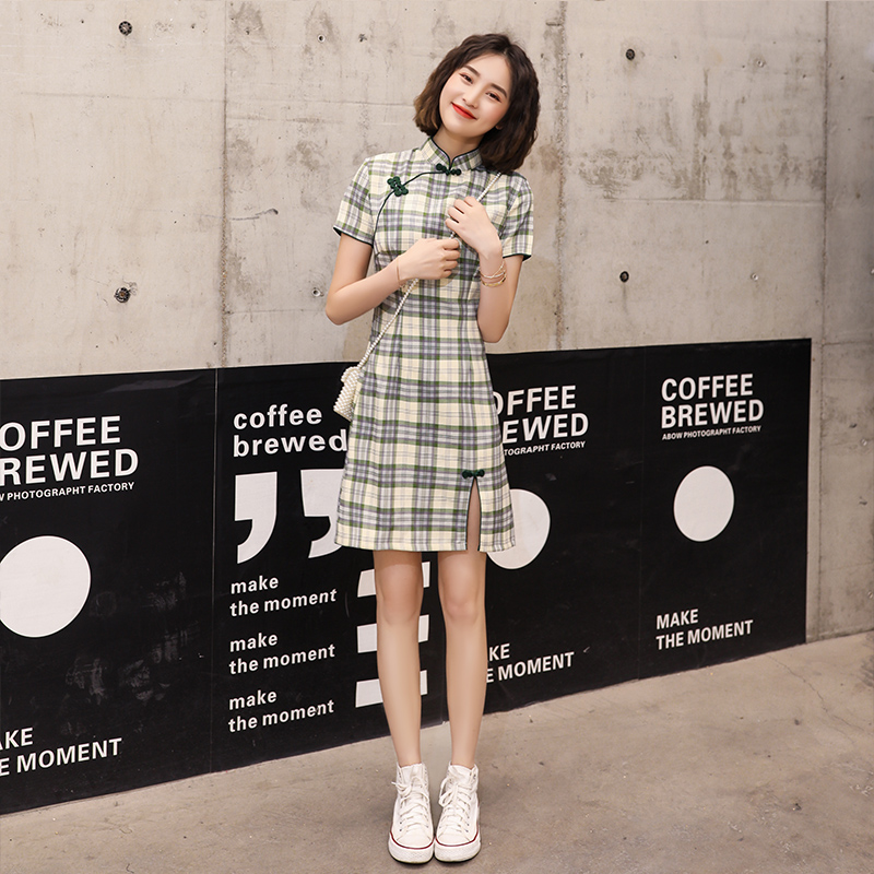 奈莫尔旗舰店少女旗袍年新款短款性感复古格子学生年轻款改良版日常连衣裙2