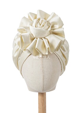 欧美外贸头巾帽法式缎面大花朵松紧套头帽纯色时尚帽子turban hat