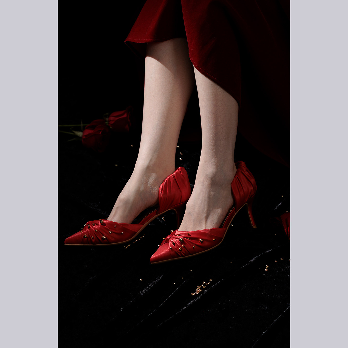 【椿】珠语星辰 /原创褶皱金珠尖头细高跟鞋红色婚鞋秀禾敬酒宴会,淘宝优惠券,粉丝福利购,淘宝优惠卷
