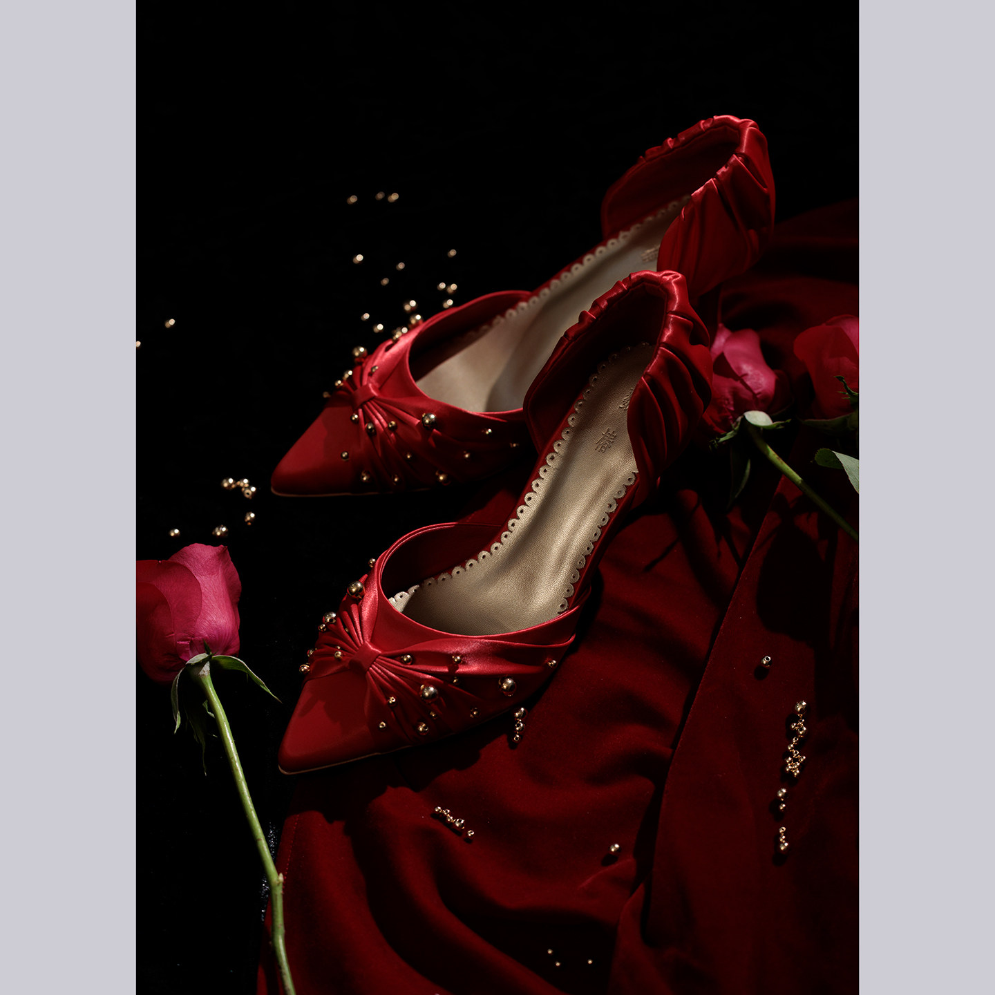 【椿】珠语星辰 /原创褶皱金珠尖头细高跟鞋红色婚鞋秀禾敬酒宴会,淘宝优惠券,粉丝福利购,淘宝优惠卷