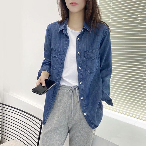 牛仔衬衫女2021秋季新款韩版宽松纯棉衬衣百搭打底长袖双口袋上衣 - 图0