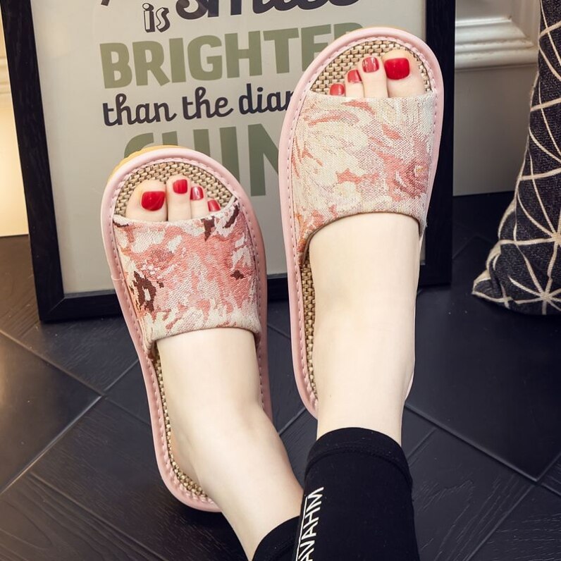New Chinese style summer linen slippers for men and women at home indoor non-slip comfortable soft bottom breathable household fabric slippers