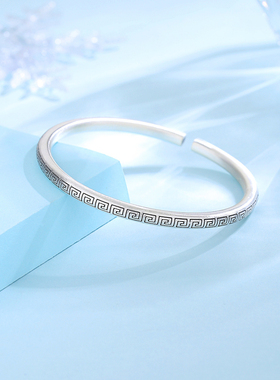 纯银手镯手工刻字实心开口民族风