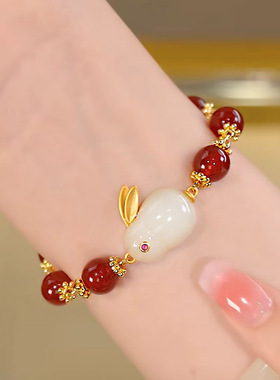 中式琉璃玉兔和田玉红绳手链