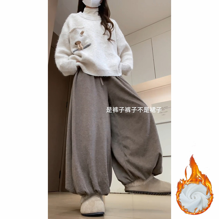 咖色加厚高腰花苞裙裤女秋冬季2025新款针织软糯加绒保暖糯米裙裤,淘宝优惠券,粉丝福利购,淘宝优惠卷