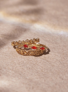 Ordi日系noje同款百搭叠戴双层波浪月牙形镂空经典款戒指