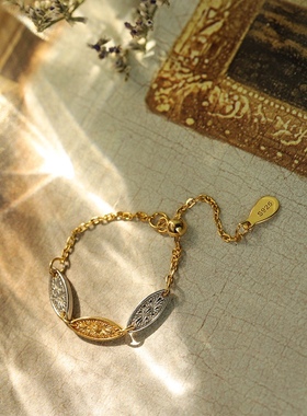 Ordi24年春季新款菊菱双色纹叶素金项链复古休闲戒指环手链