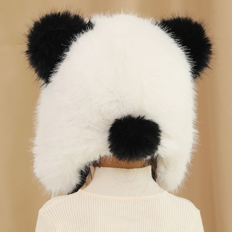 儿童帽子女孩冬季加绒保暖雷锋帽亲子户外男童可爱熊猫毛绒护耳帽