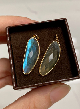 aget日系同款 天然拉长石水晶吊坠 不规则椭圆宝石925银项链