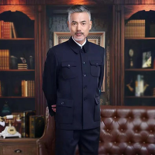 中山装男秋冬款老人爷爷装干部中山服单件上衣双层加厚爸爸装外套 - 图0