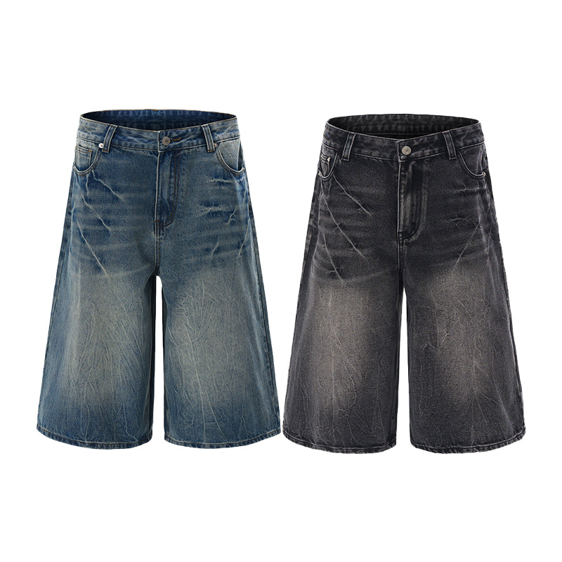 LKTM男装#美式高街水洗设计感闪电纹牛仔短裤男女宽松阔腿七分裤 - 图3