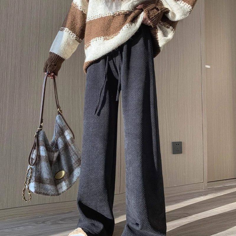 人字纹阔腿裤女秋冬2026新款加绒加厚高腰直筒窄版慵懒风休闲裤子,淘宝优惠券,粉丝福利购,淘宝优惠卷