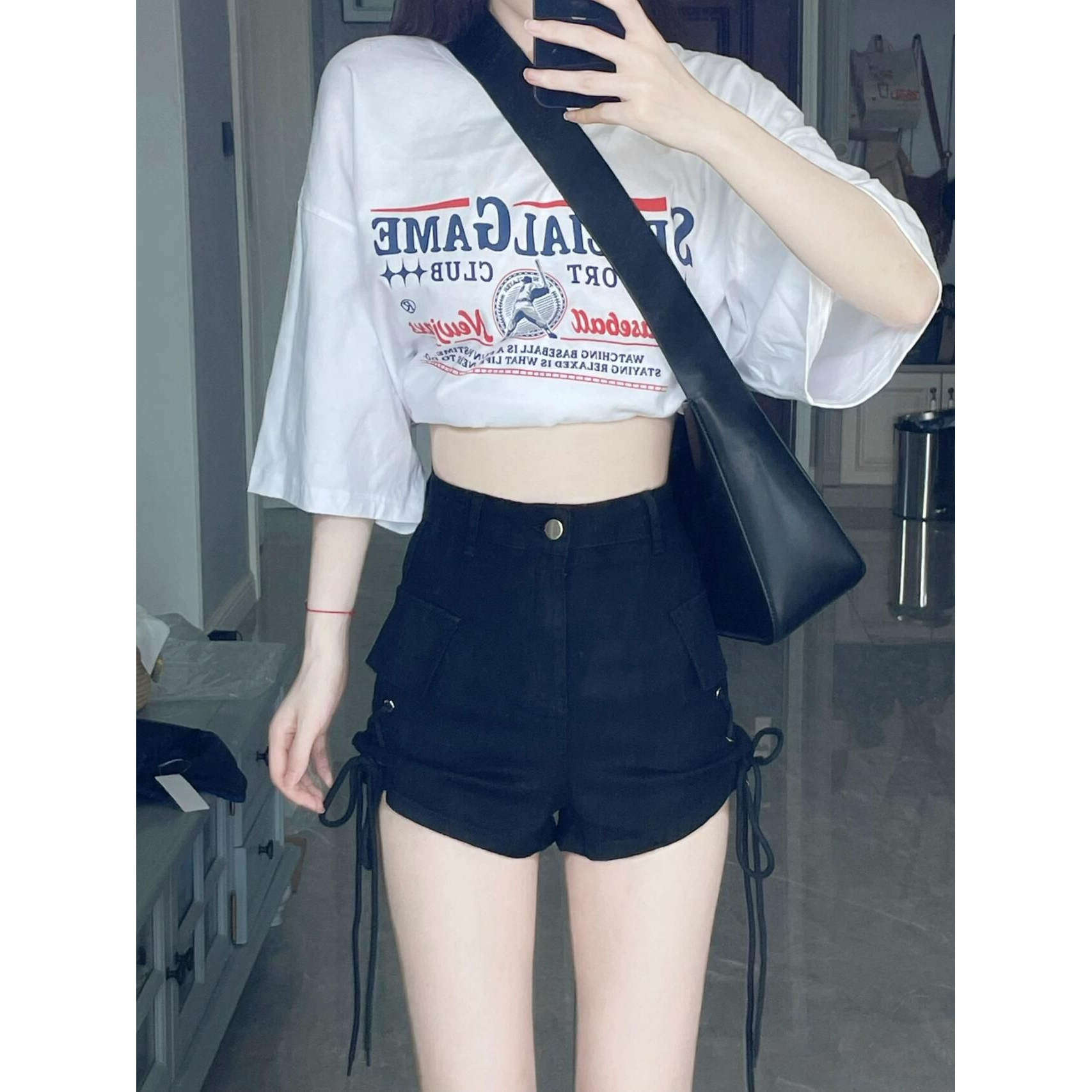 黑色牛仔短裤女春夏薄款设计感侧绑带紧身弹力高腰a字辣妹热裤子,淘宝优惠券,粉丝福利购,淘宝优惠卷