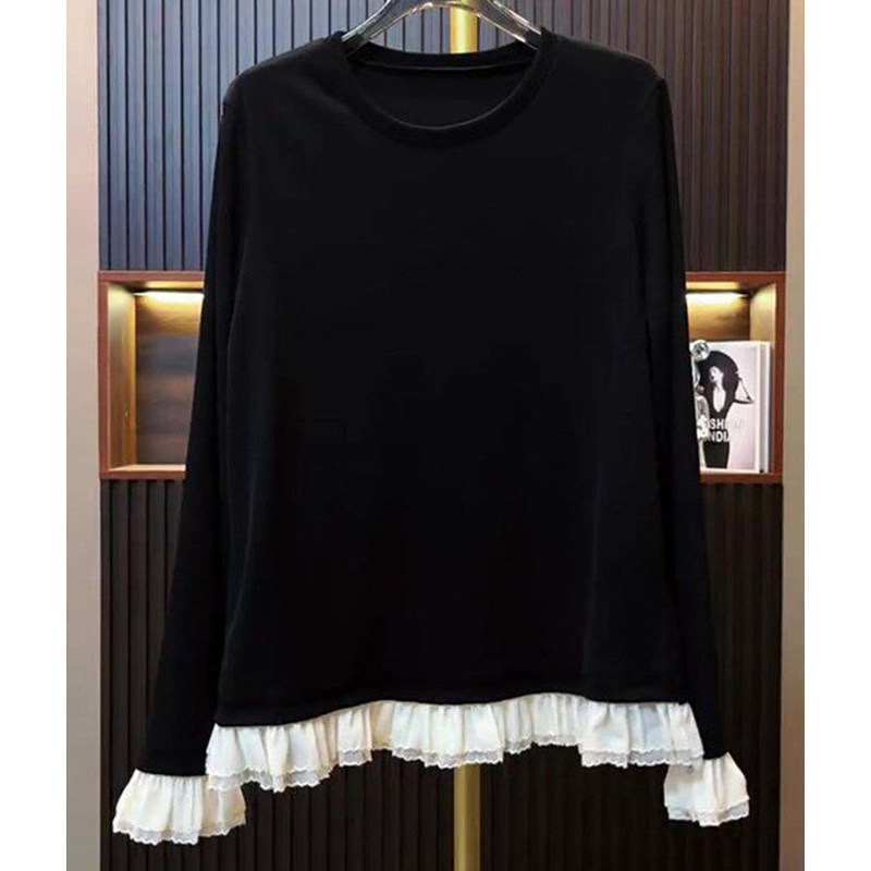 欧货蕾丝花边拼接下摆长袖t恤女春秋内搭可外穿设计感小众打底衫,淘宝优惠券,粉丝福利购,淘宝优惠卷