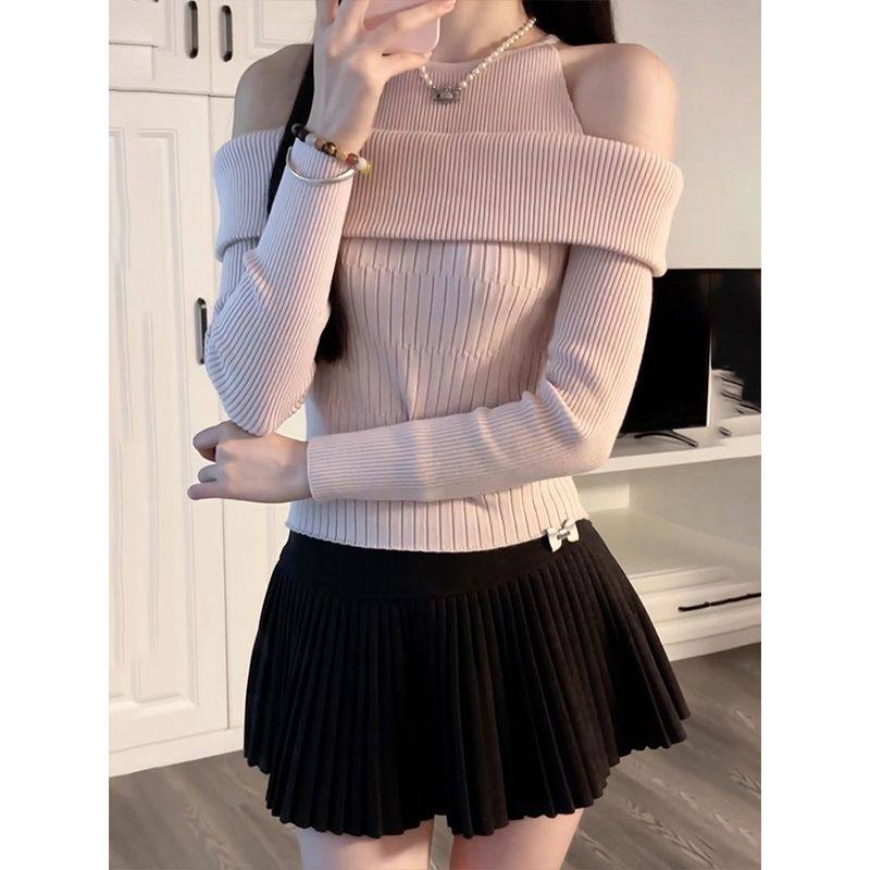 粉色假两件一字肩挂脖打底衫上衣女秋冬2026年新款设计感露肩毛衣,淘宝优惠券,粉丝福利购,淘宝优惠卷