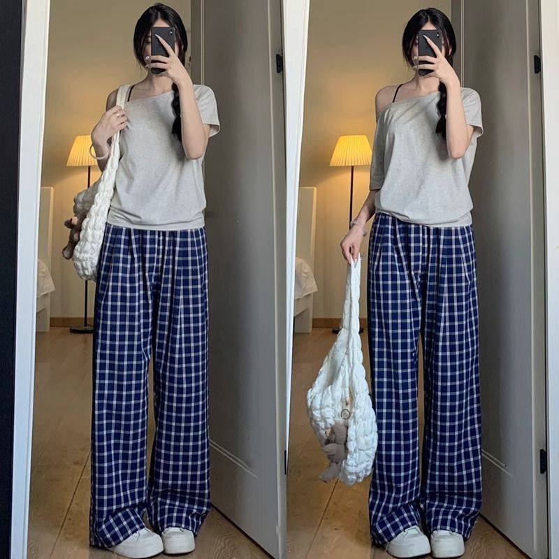 韩系复古蓝色格子阔腿裤女夏季薄款慵懒风休闲高腰宽松拖地长裤子,淘宝优惠券,粉丝福利购,淘宝优惠卷