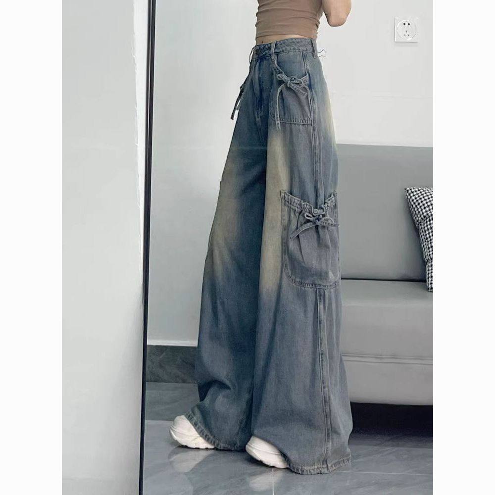 蝴蝶结绑带工装牛仔裤裤子女款设计感工装长裤宽松显瘦直筒阔腿裤,淘宝优惠券,粉丝福利购,淘宝优惠卷