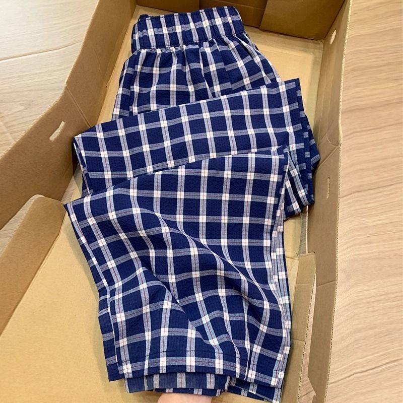 韩系复古蓝色格子阔腿裤女夏季薄款慵懒风休闲高腰宽松拖地长裤子,淘宝优惠券,粉丝福利购,淘宝优惠卷