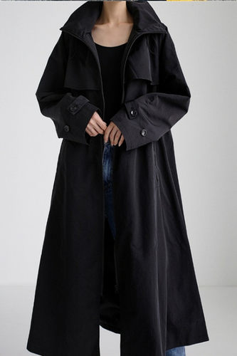 纯诗曼春秋新款韩版女装宽松大码斗篷型连帽时尚中长款风衣外套女 - 图1