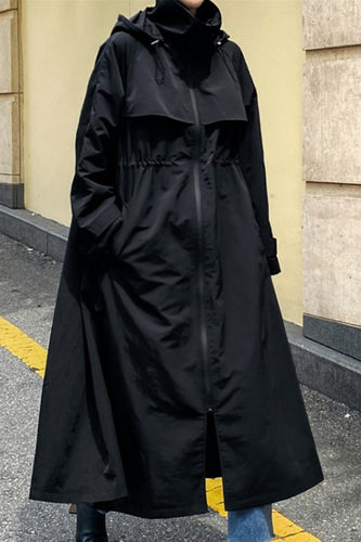 纯诗曼春秋新款韩版女装宽松大码斗篷型连帽时尚中长款风衣外套女 - 图2