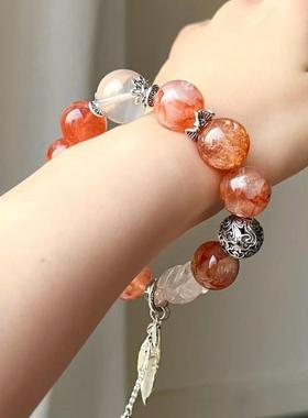 白水晶搭配天然红胶花手串拉长石灰月光手链女生设计感小众轻奢复