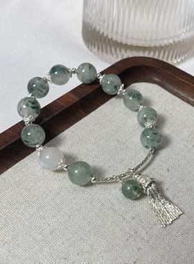 巧恩天然绿色水晶手链女圆珠串珠蓝月光石手串透体蓝光气质拉长石