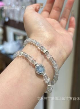 巧恩天然水晶百搭设计感手串灰月光设计款海蓝宝魔盒三圈拉长