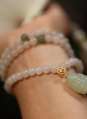 天然6MM多圈和田玉藕粉手链 象神吊坠手串女 复古中国风手饰礼物