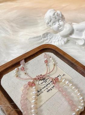 巧恩水晶手链女粉水晶回纹桶珠复古天然淡水珍珠手饰手串女生小众