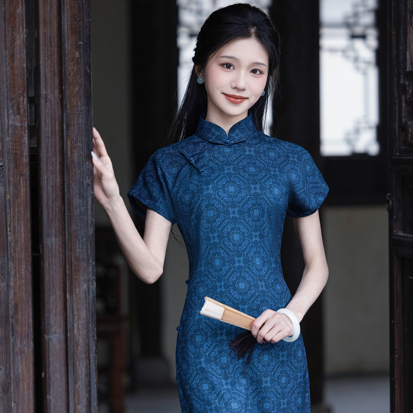 南风知古法旗袍全开襟蓝色显白复古新中式连衣裙2026新款气质高端,淘宝优惠券,粉丝福利购,淘宝优惠卷