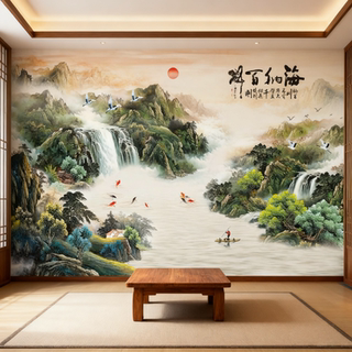 Chinese ancient style landscape gusset living room sofa tv background wall carbon crystal plate decorative painting song's aesthetic wall panel