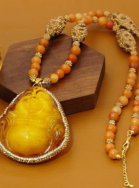 新款黄水晶佛公吊坠项链女款轻奢小众高级感锁骨链百搭毛衣链配饰