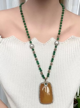 玛瑙玉石吊坠项链女款轻奢小众高级感锁骨链百搭毛衣链送妈妈礼物
