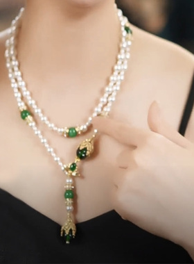 复古国风祖母绿珍珠长款毛衣链