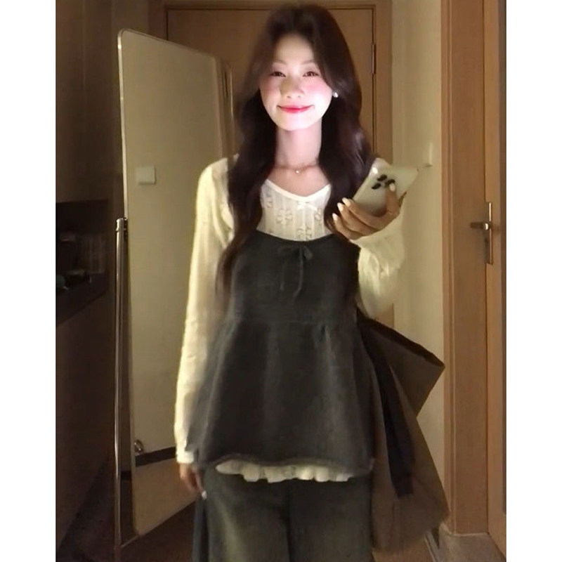 休闲甜美减龄针织软糯背心吊带叠穿设计感镂空长袖上衣两件套装女