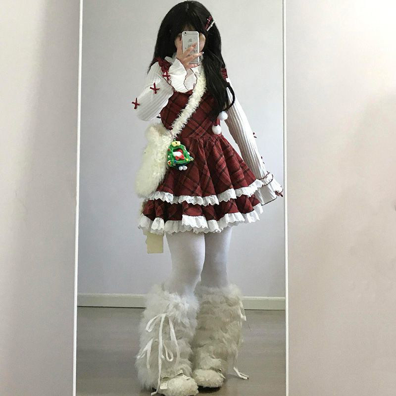 小众超仙红色格纹花边背带公主短裙女小个子高领长袖打底衫两件套,淘宝优惠券,粉丝福利购,淘宝优惠卷