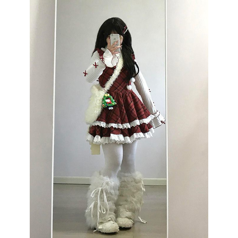 小众超仙红色格纹花边背带公主短裙女小个子高领长袖打底衫两件套,淘宝优惠券,粉丝福利购,淘宝优惠卷