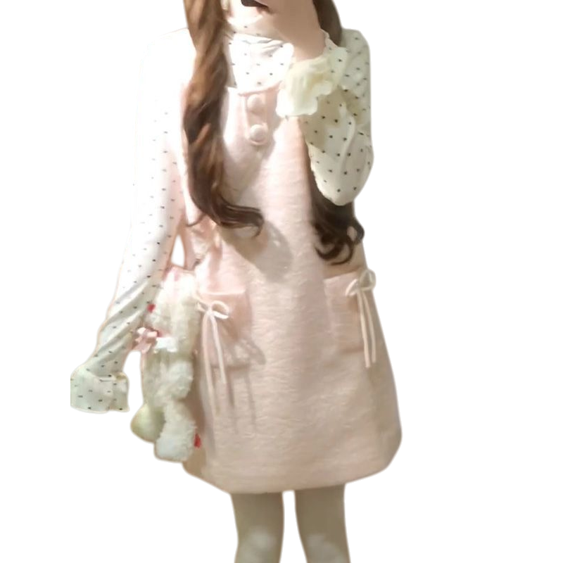 2025软萌少女粉色毛呢背带连衣裙叠穿设计高领波点长袖打底衫上衣,淘宝优惠券,粉丝福利购,淘宝优惠卷