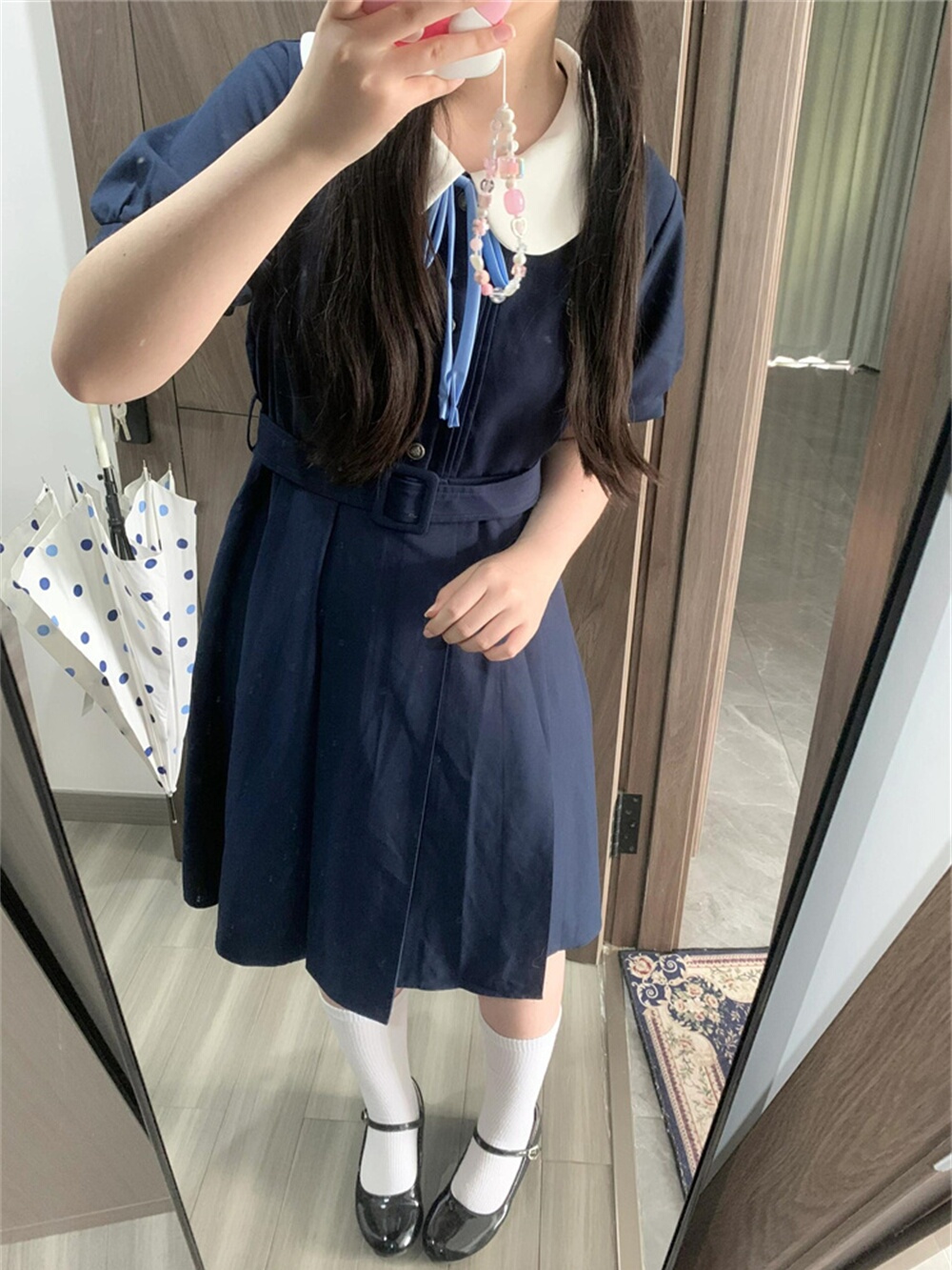 大码胖妹妹JK制服系带连衣裙女2024夏季新款宽松显瘦娃娃领百褶裙 - 图0