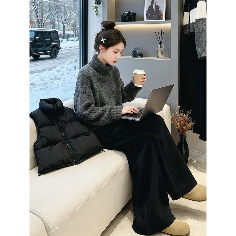 遮肉甜美时尚慵懒风女学生穿搭一整套棉衣马甲+黑色长裤+高领毛衣,淘宝优惠券,粉丝福利购,淘宝优惠卷
