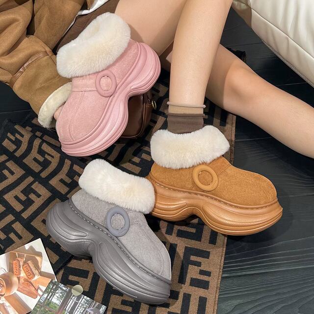 SHEGOTO Winter Small Waist Cotton Slippers Plush Women's Warm Bag and Cute Thick Sole Home and Outdoor Ins