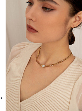 嘻哈钛钢项链女方形夸张双层欧美